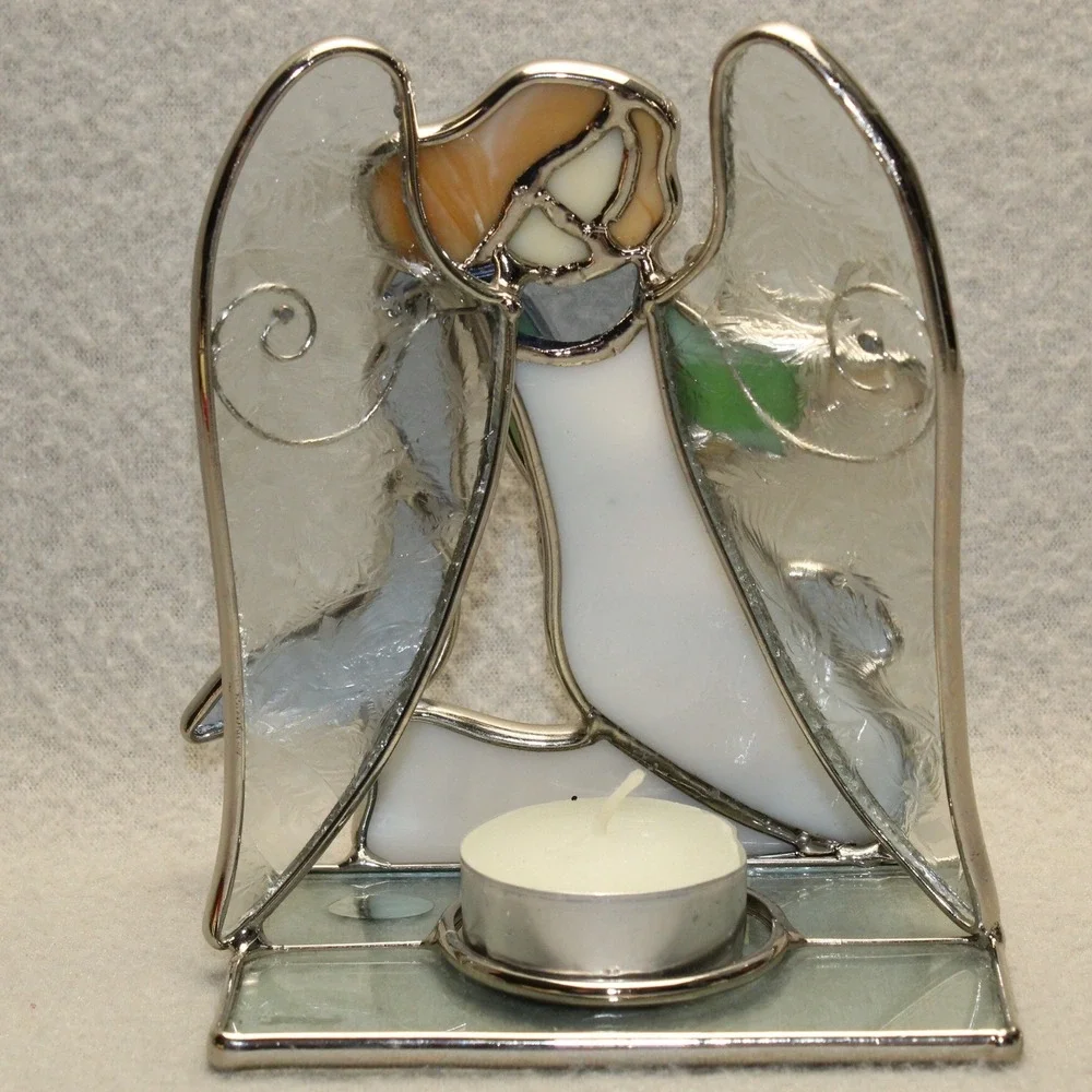 Stained Glass Angel Candle Holder Blue Green Harp Tea Light Religious Decor Vtg